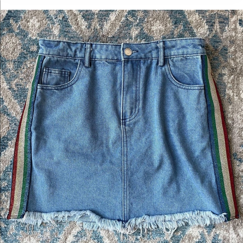 Denim Skirt With Rainbow Stripe Sides